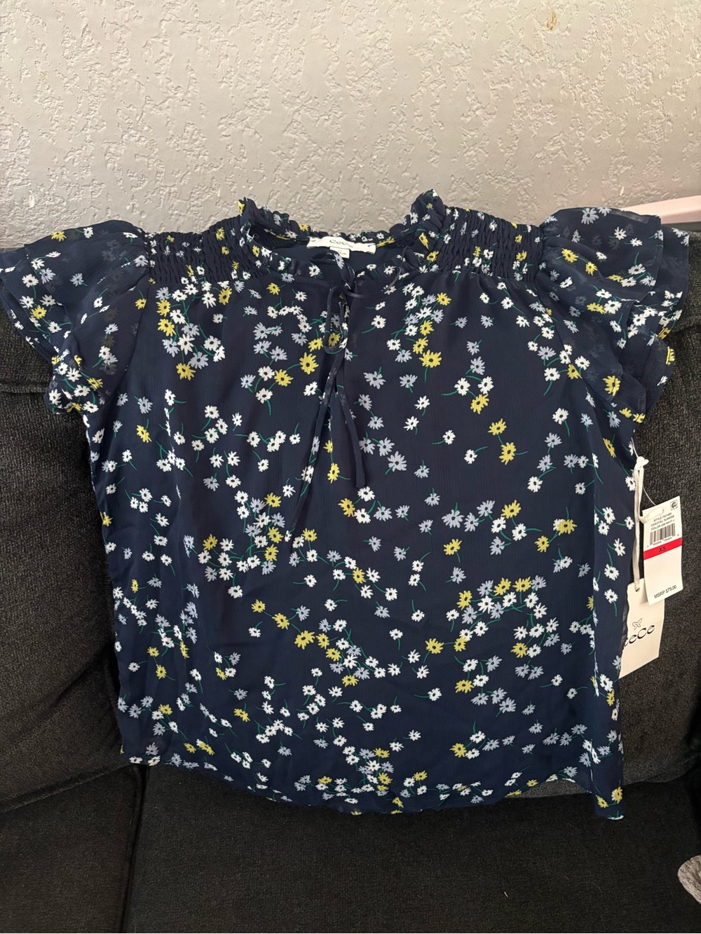 CeCe Navy Floral Ruffled Off-Shoulder Top - Picture 3 of 3